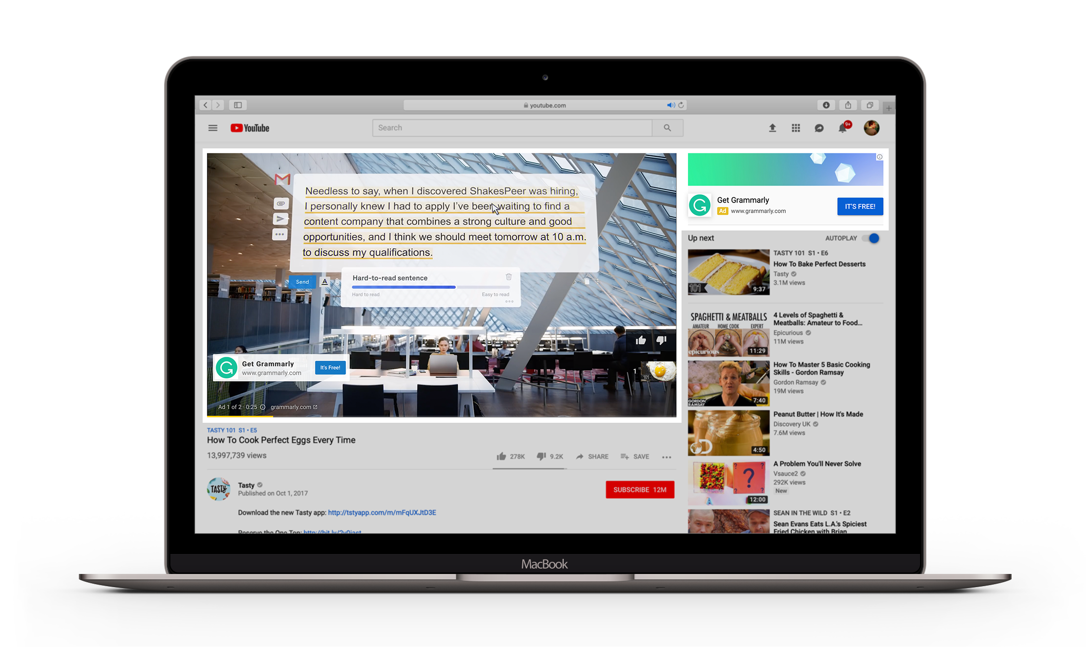 You can display your ads within YouTube videos, targeting people who would benefit the most from your product or service. The brand Grammarly showcases their assistant writing software and includes a link to their website. 
